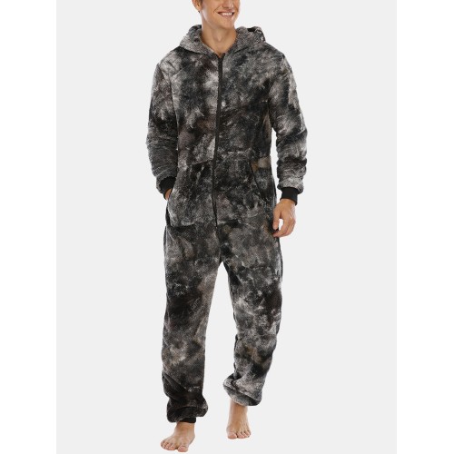 Mens Tie Dye Warm Fleece Plush Hooded Jumpsuit One Piece Home Sleepwear