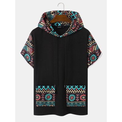 Mens Tribal Geometric Print Patchwork Double Pocket Short Sleeve Hooded T  Shirts