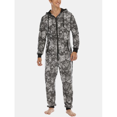 Mens Tie Dye Hooded Jumpsuits Home Fleece Plush Sleepwear With Pocket