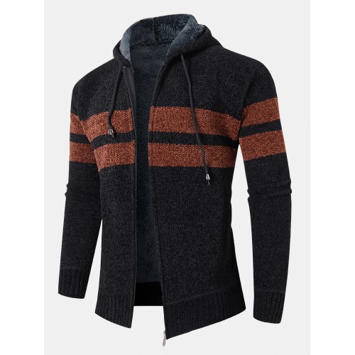 Mens Colorblock Knitted Zipper Warm Hooded Sweater Cardigans