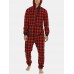 Mens Plaid Zipper Front Kangaroo Pocket Hooded One Piece Jumpsuit Home Warm Sleepwear