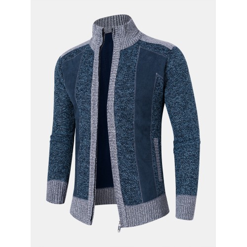 Men Stitching Knit Zipper Stand Collar Casual Cardigans