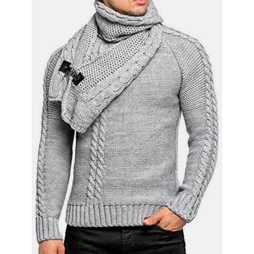 Mens Warm Solid Color Round Neck Long Sleeve Knitted Sweaters With Scarf