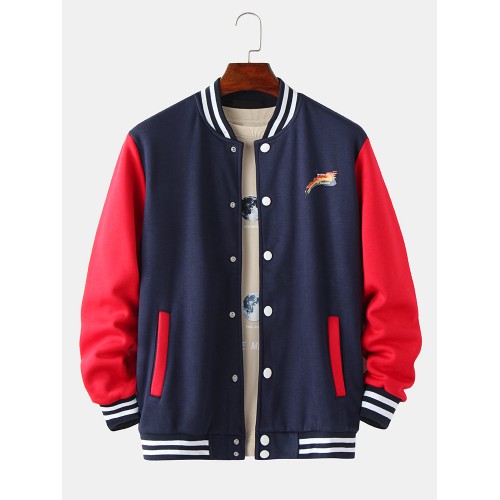 Mens Letter Print Thicken Contrasting Patchwork Baseball Collar Long Sleeve Jacket