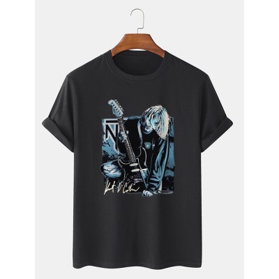 Mens Guitar Anime Figure Graphic Short Sleeve Cotton Leisure T  Shirts