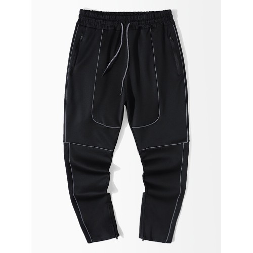 Men Active Sports Contrast Lined Jogging Zip Pocket Ankle Length Drawstring Pants